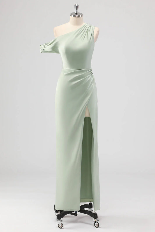 Beaira Simple Sage Green Sheath One Shoulder Satin Ruched Long Bridesmaid Dress with Slit New Arrivals