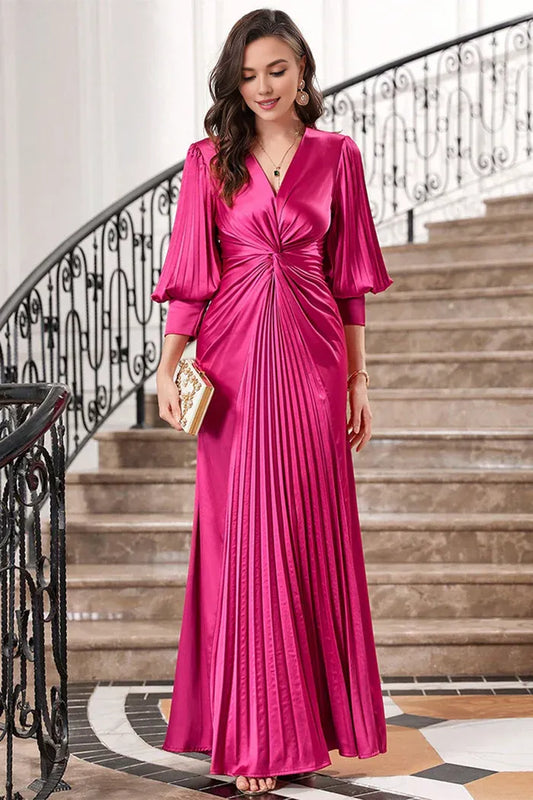Beaira Elegant Fuchsia Pleated Long Prom Dress with Lantern Sleeves - Fuchsia