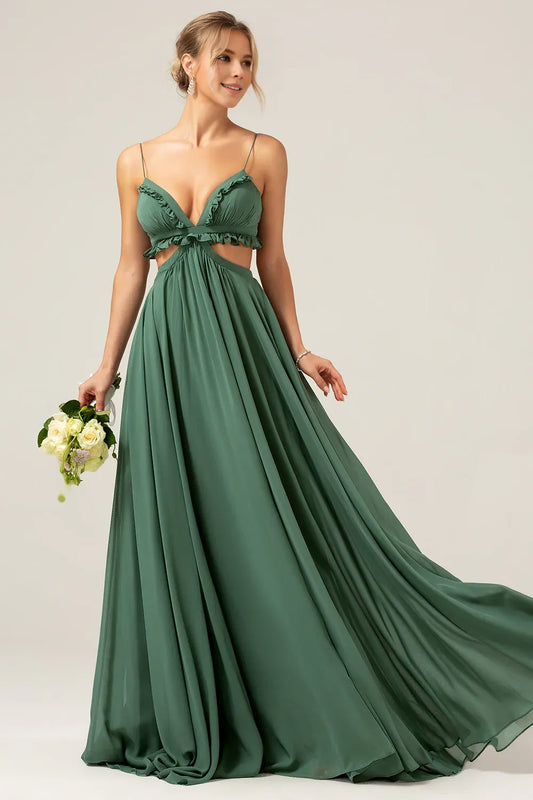 Beaira A-Line Spaghetti Straps Backless Chiffon Eucalyptus Long Bridesmaid Dress Bridesmaid dress shop