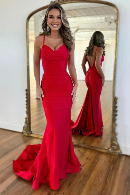 Beaira Simple Mermaid Strapless Straps Sleeveless V Back Pleated Train Floor Length Prom Dress Party Dress Wedding Guest Gown