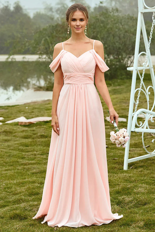 Beaira Simple Blush A Line Off The Shoulder Long Bridesmaid Dress With Ruffles New Arrivals