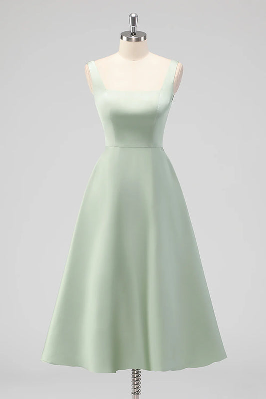 Beaira Elegant Sage Green A Line Square Neck Tea-Length Satin Bridesmaid Dress