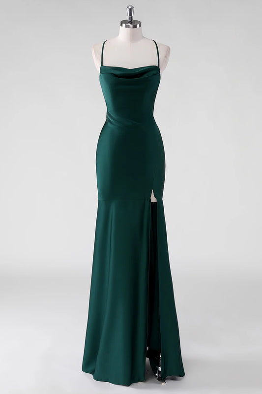 Beaira Elegant Pine Sheath Spaghetti Straps Satin Floor Length Bridesmaid Dress with Lace Up Back