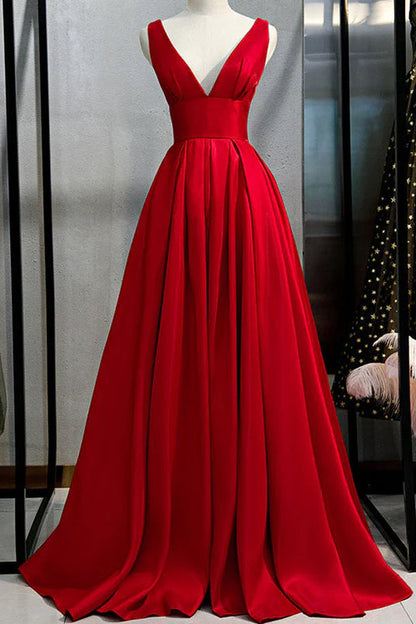 Beaira Elegant Sexy Plunging Red Backless Evening Prom Dresses formal wear dresses - Red