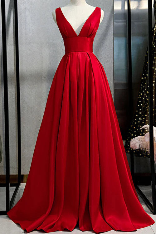 Beaira Elegant Sexy Plunging Red Backless Evening Prom Dresses formal wear dresses - Red