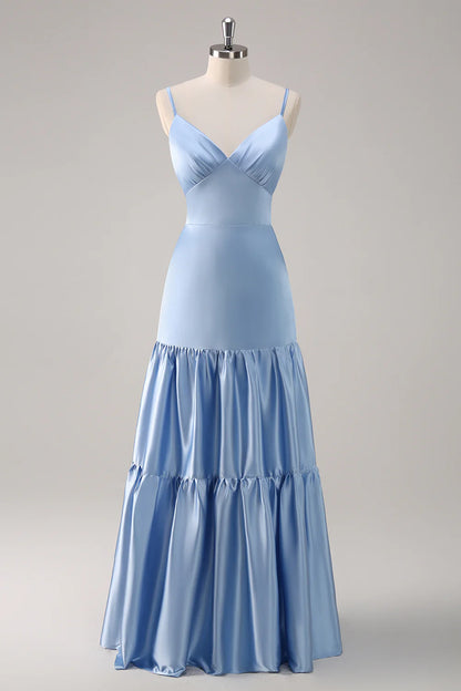 Beaira Sky Blue A Line V Neck Spaghetti Straps Ruffle Satin Bridesmaid Dress Bridesmaid dress shop