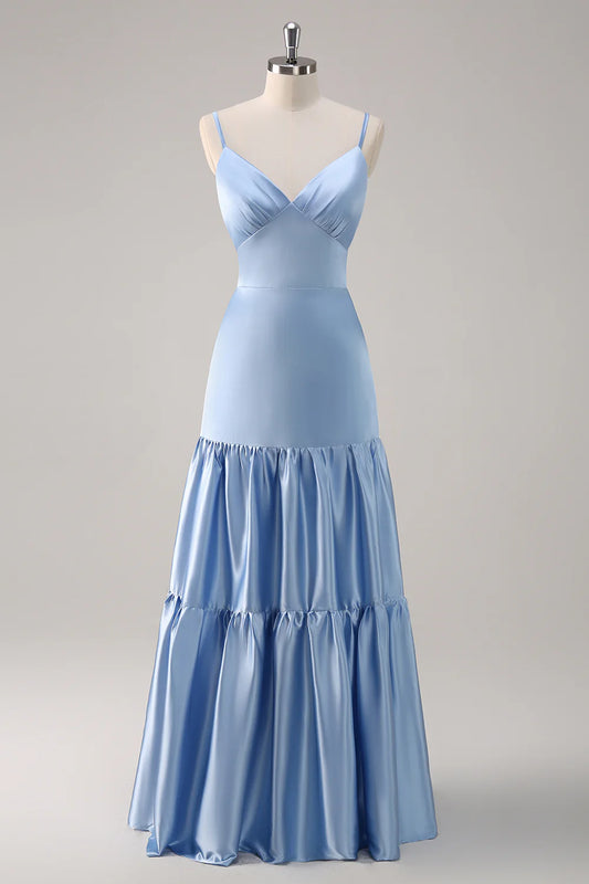 Beaira Sky Blue A Line V Neck Spaghetti Straps Ruffle Satin Bridesmaid Dress Bridesmaid dress shop