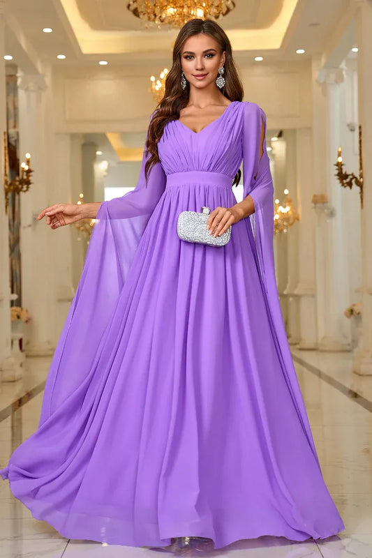 Beaira Elegant Purple A Line V Neck Long Sleeves Chiffon Prom Dress - Purple