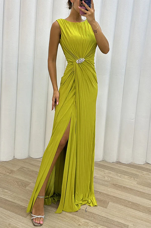 Beaira Elegant Formal Solid Slit Fold O Neck Evening Dress Dresses formal wear dresses
