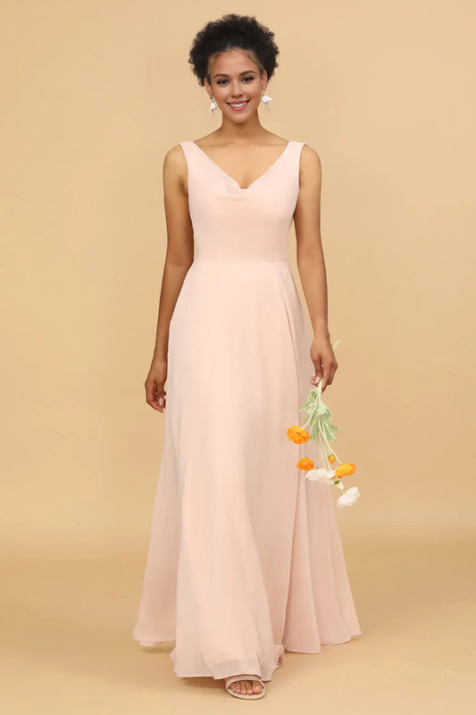 Beaira Blush A Line V Neck Chiffon Long Bridesmaid Dress Bridesmaid dress shop