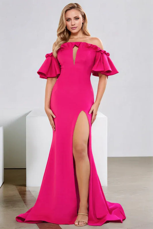 Beaira Simple Sheath Off Shoulder Ruffles Back Zipper Pleated Floor Length Prom Dress with High Side Slit and Train
