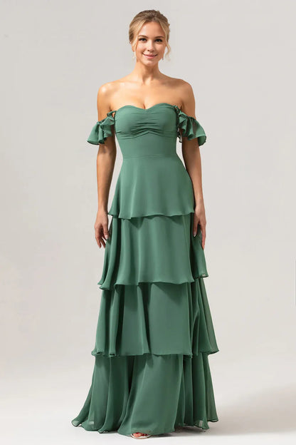 Beaira Eucalyptus A Line Off The Shoulder Tiered Long Bridesmaid Dress Bridesmaid dress shop