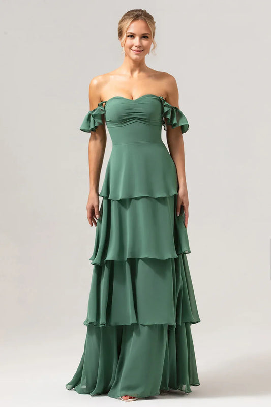 Beaira Eucalyptus A Line Off The Shoulder Tiered Long Bridesmaid Dress Bridesmaid dress shop
