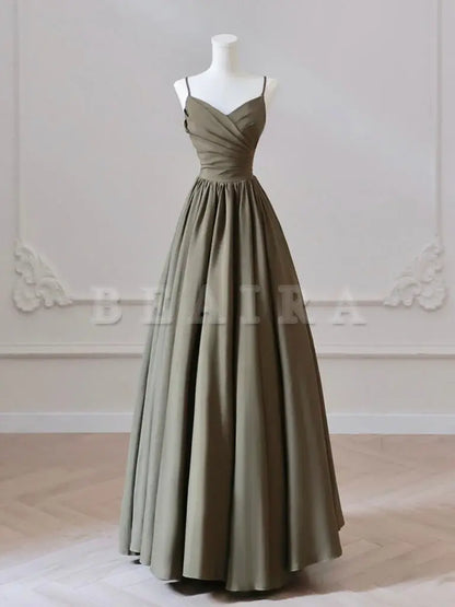 Beaira A-Line V Neck Satin Olive Green Long Prom Dress Long Evening Dress prom shop dresses
