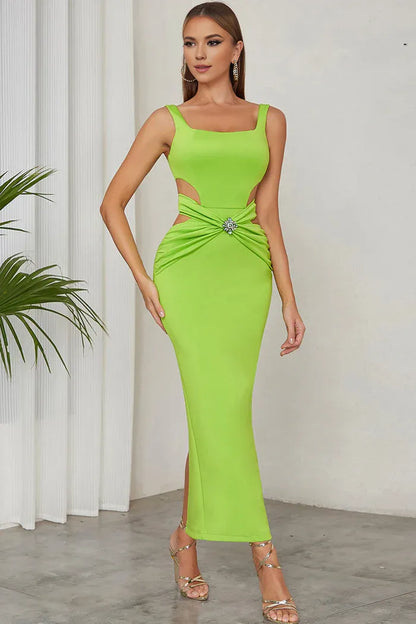 Beaira Elegant Green A Line Square Neck Hollow Out Pleated Long Formal Party Dress - Green