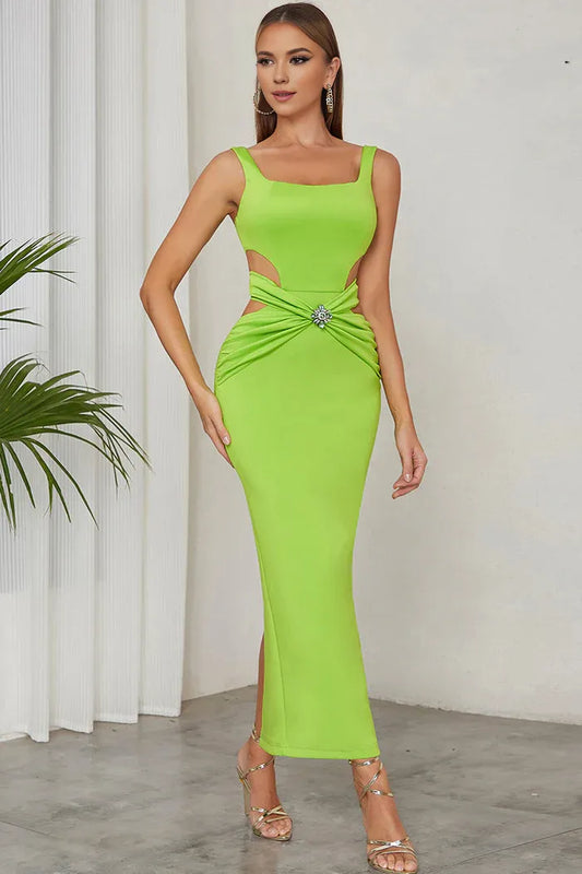 Beaira Elegant Green A Line Square Neck Hollow Out Pleated Long Formal Party Dress - Green