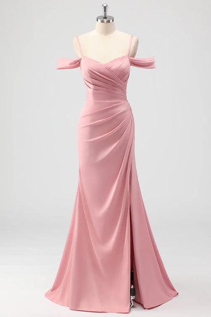 Beaira Elegant Blush Mermaid Cold Shoulder Ruched Satin Long Bridesmaid Dress with Slit