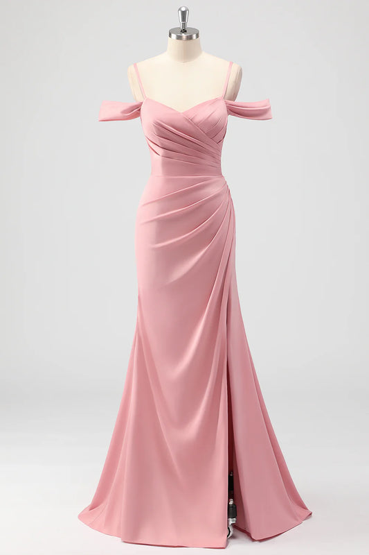 Beaira Elegant Blush Mermaid Cold Shoulder Ruched Satin Long Bridesmaid Dress with Slit