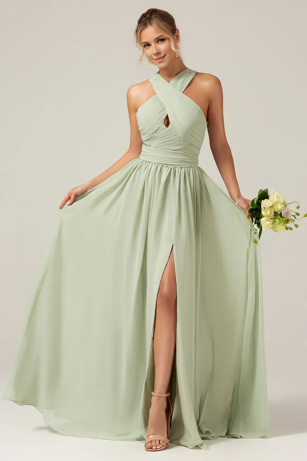 Beaira Dusty Sage A Line Halter Pleated Long Maternity Bridesmaid Dress Bridesmaid dress shop