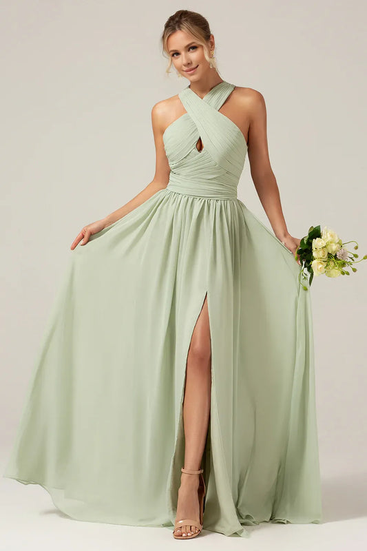 Beaira Dusty Sage A Line Halter Pleated Long Maternity Bridesmaid Dress Bridesmaid dress shop