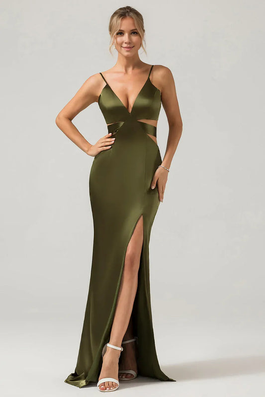 Beaira Olive Sheath Spaghetti Straps Cut Out Long Bridesmaid Dress with Slit Bridesmaid dress shop
