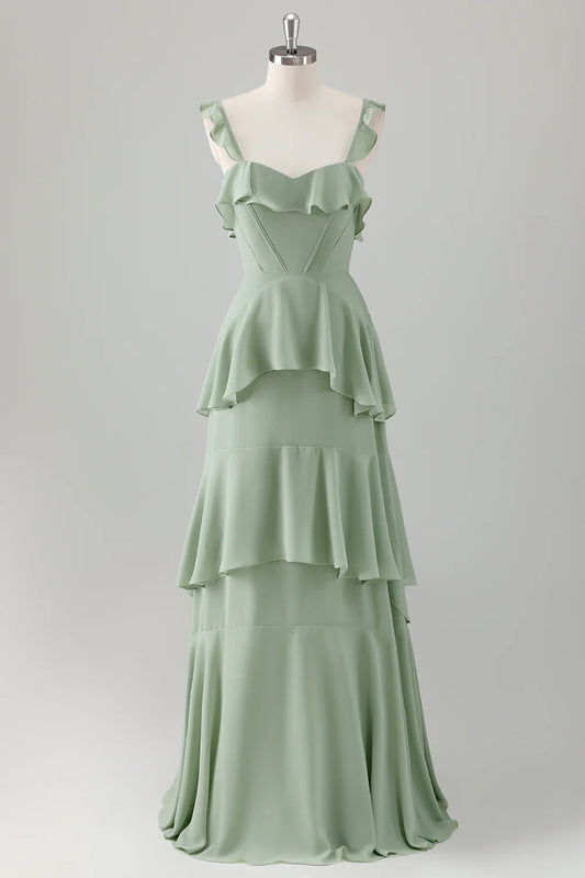 Beaira Light Green A-Line Square Neck Chiffon Tiered Long Bridesmaid Dress Bridesmaid dress shop
