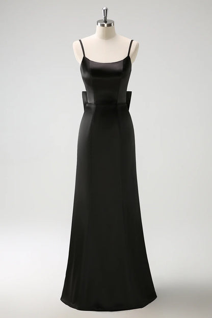 Beaira Black Mermaid Spaghetti Straps Long Ruffle Satin Bridesmaid Dress with Bow Bridesmaid dress shop