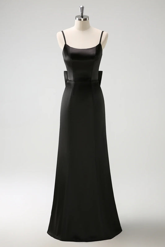 Beaira Black Mermaid Spaghetti Straps Long Ruffle Satin Bridesmaid Dress with Bow Bridesmaid dress shop