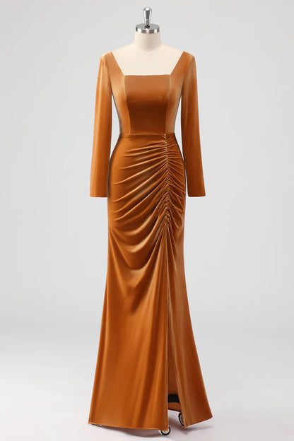 Beaira Elegant Brown Mermaid Square Neck Ruched Long Sleeves Velvet Bridesmaid Dress with Slit