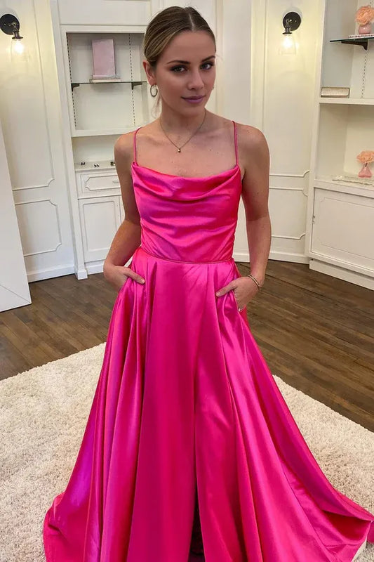 Beaira A-line Spaghetti Straps Corset Back Prom Dress - Hot Pink