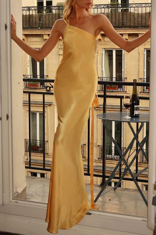 Beaira Elegant Formal Solid Backless Oblique Collar Evening Dress Dresses formal wear dresses - Yellow
