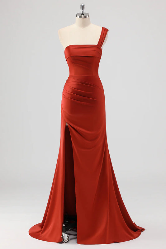 Beaira Elegant Rust Mermaid One Shoulder Ruched Satin Long Bridesmaid Dress with Slit