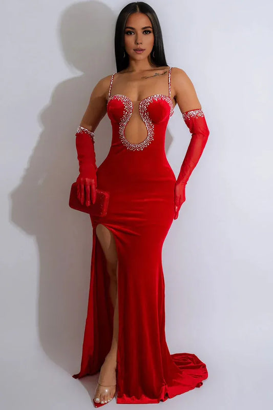 Beaira Simple Glamorous Gloved Rhinestone Sweetheart Neck Velvet Evening Maxi Dress - Red