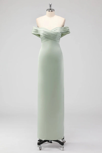 Beaira Simple Sage Green Sheath Off the Shoulder Ruched Satin Long Bridesmaid Dress New Arrivals