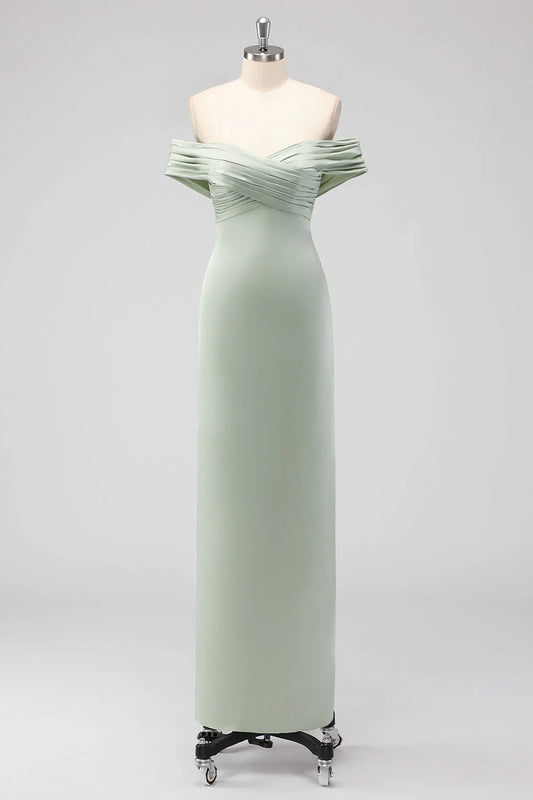 Beaira Simple Sage Green Sheath Off the Shoulder Ruched Satin Long Bridesmaid Dress New Arrivals