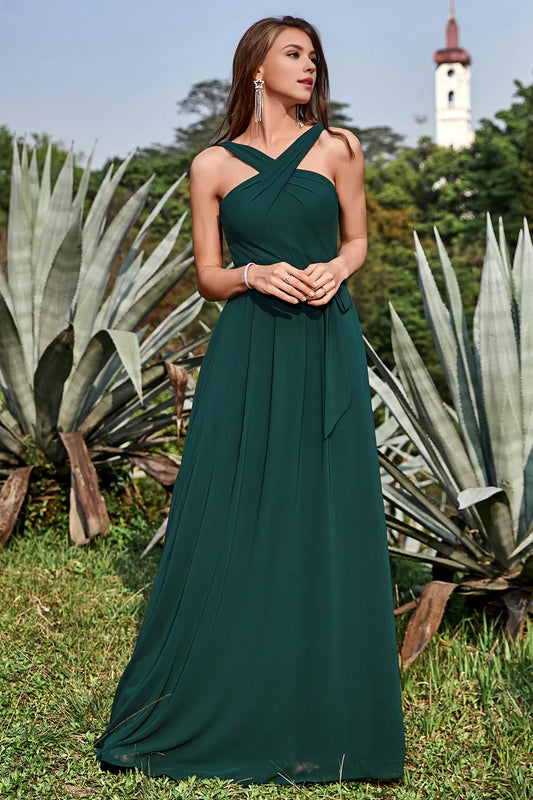 Beaira A-Line Halter Floor-Length Pine Chiffon Bridesmaid Dress Bridesmaid dress shop
