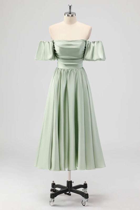 Beaira Elegant Sage Green A Line Off The Shoulder Ruched Tea-Length Satin Bridesmaid Dress
