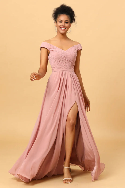 Beaira Elegant Dusty Rose Ruched Long Chiffon Bridesmaid Dress with Slit New Arrivals