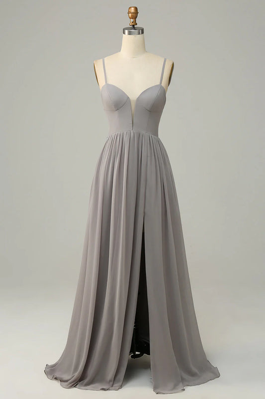 Beaira Silver A Line Spaghetti Straps Long Bridesmaid Dress With Slit Bridesmaid dress shop