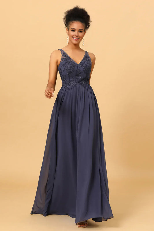 Beaira Elegant Twilight V-Neck Long Chiffon Bridesmaid Dress with Lace New Arrivals