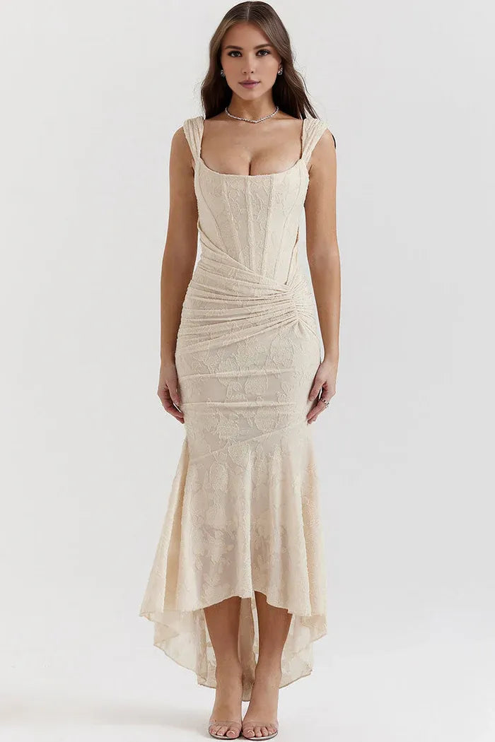 Beaira Simple Luxury Textured Floral Ruched Corset Sleeveless Fishtail Evening Dress - Cream