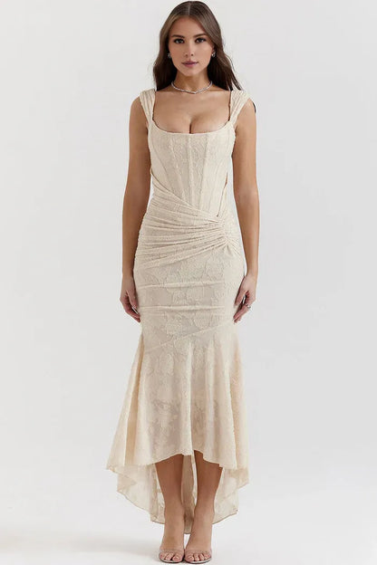 Beaira Simple Luxury Textured Floral Ruched Corset Sleeveless Fishtail Evening Dress - Cream