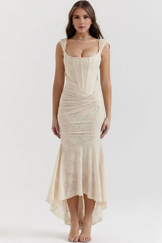 Beaira Simple Luxury Textured Floral Ruched Corset Sleeveless Fishtail Evening Dress - Cream