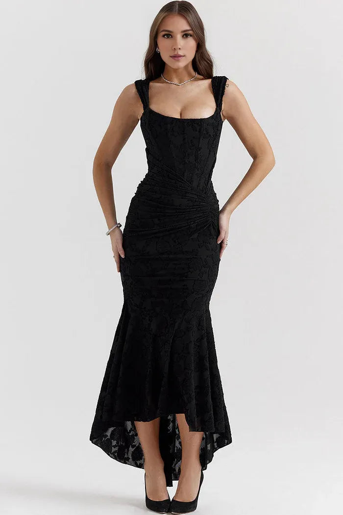 Beaira Unique Luxury Textured Floral Ruched Corset Sleeveless Fishtail Evening Dress - Black