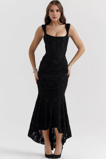 Beaira Unique Luxury Textured Floral Ruched Corset Sleeveless Fishtail Evening Dress - Black