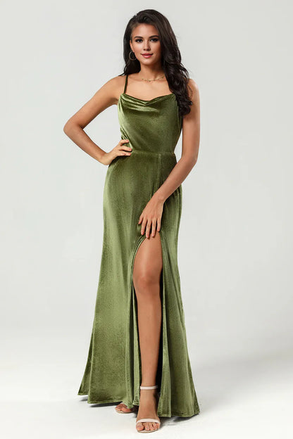 Beaira A Line Spaghetti Straps Floor-Length Velvet Bridesmaid Dress with Slit Bridesmaid dress shop
