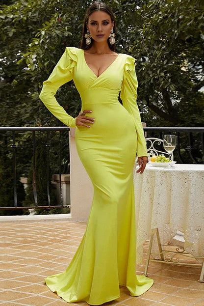 Beaira Yellow Long Sleeve Mermaid V-Neck Formal Evening Dresses formal wear dresses - Yellow