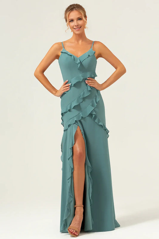 Beaira Eucalyptus Sheath Spaghetti Straps Ruffle Floor Length Bridesmaid Dress Bridesmaid dress shop
