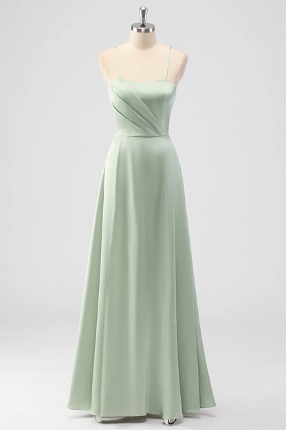 Beaira Elegant Sage Green A Line Spaghetti Straps Pleated Satin Long Bridesmaid Dress