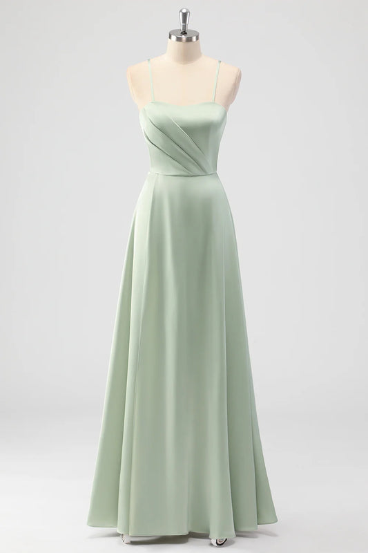 Beaira Elegant Sage Green A Line Spaghetti Straps Pleated Satin Long Bridesmaid Dress